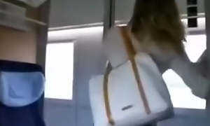 Comely golden-haired bitch at hand slay rub elbows with train eating cum after quickie