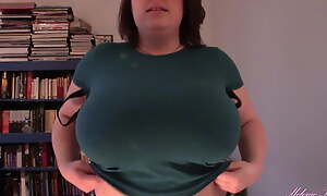 Huge boobs, tit drop, blue shirt